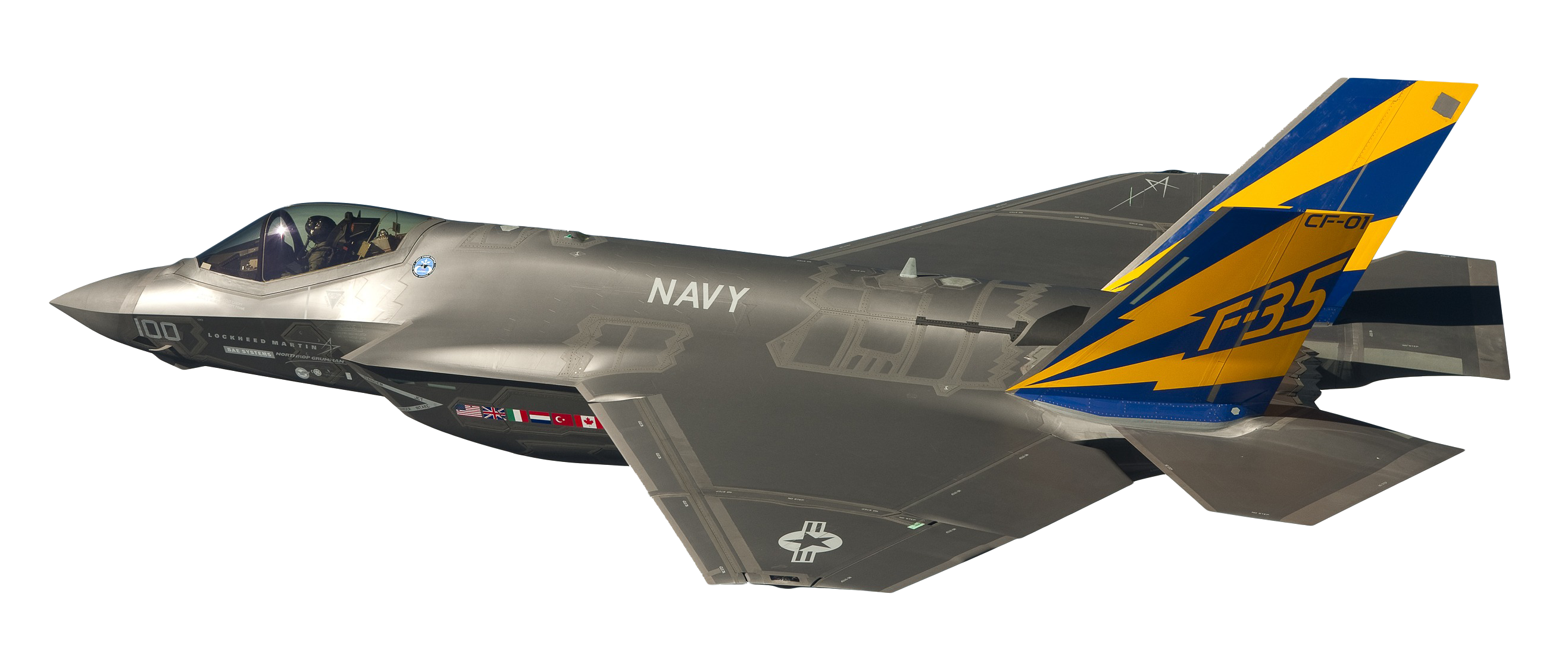 Black Stealth Fighter Jet With Blue Yellow Tail Markings Transparent Background PNG Image