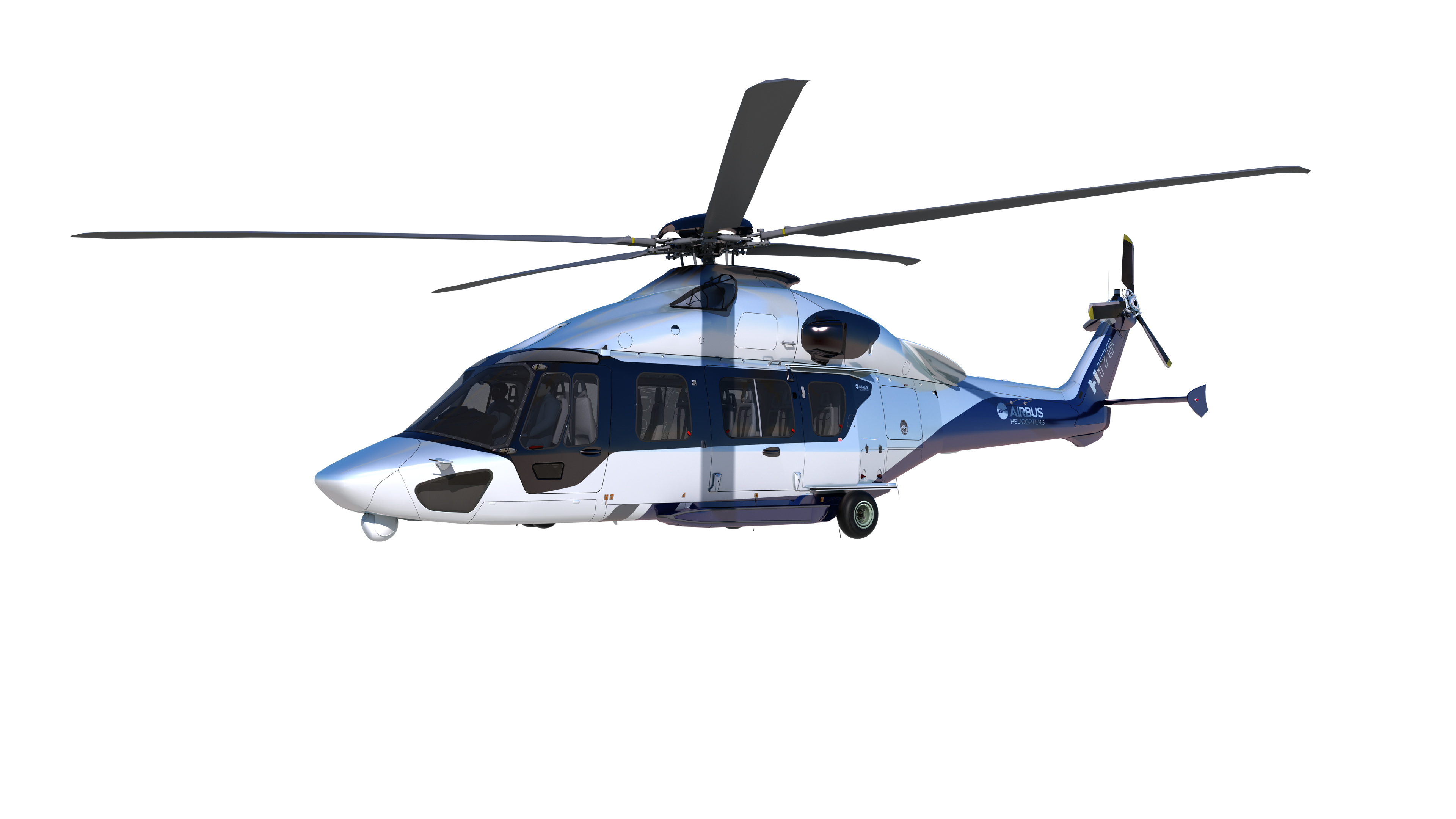 Blue White Military Helicopter Flying Side View Transparent Background PNG Image