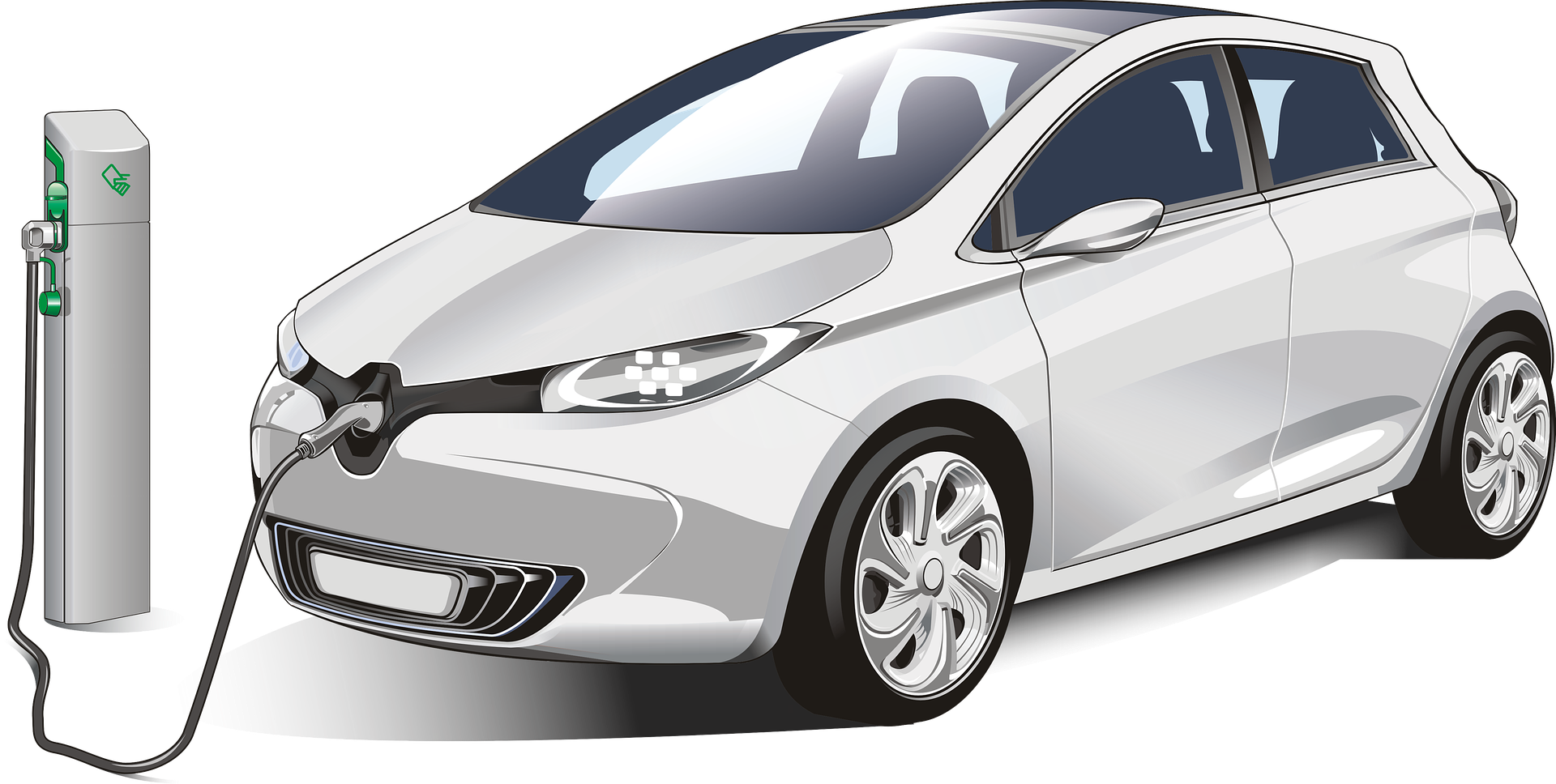 Blue White Compact Electric Car Beside Charger PNG Electric Car Image