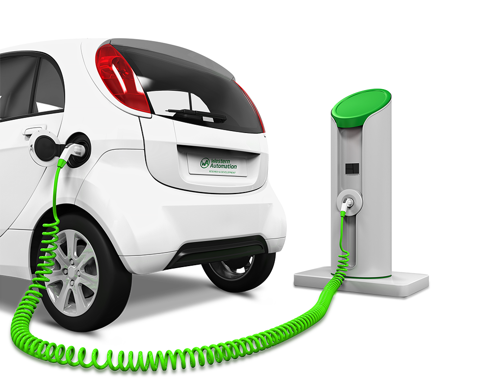 White Compact Electric Car At Home Charging Station PNG Electric Car Clipart