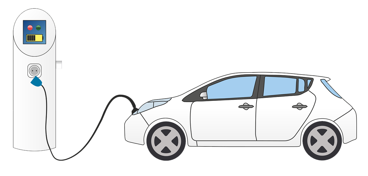 White Electric Car At Public Charging Station Diagram PNG EV Charging Graphic