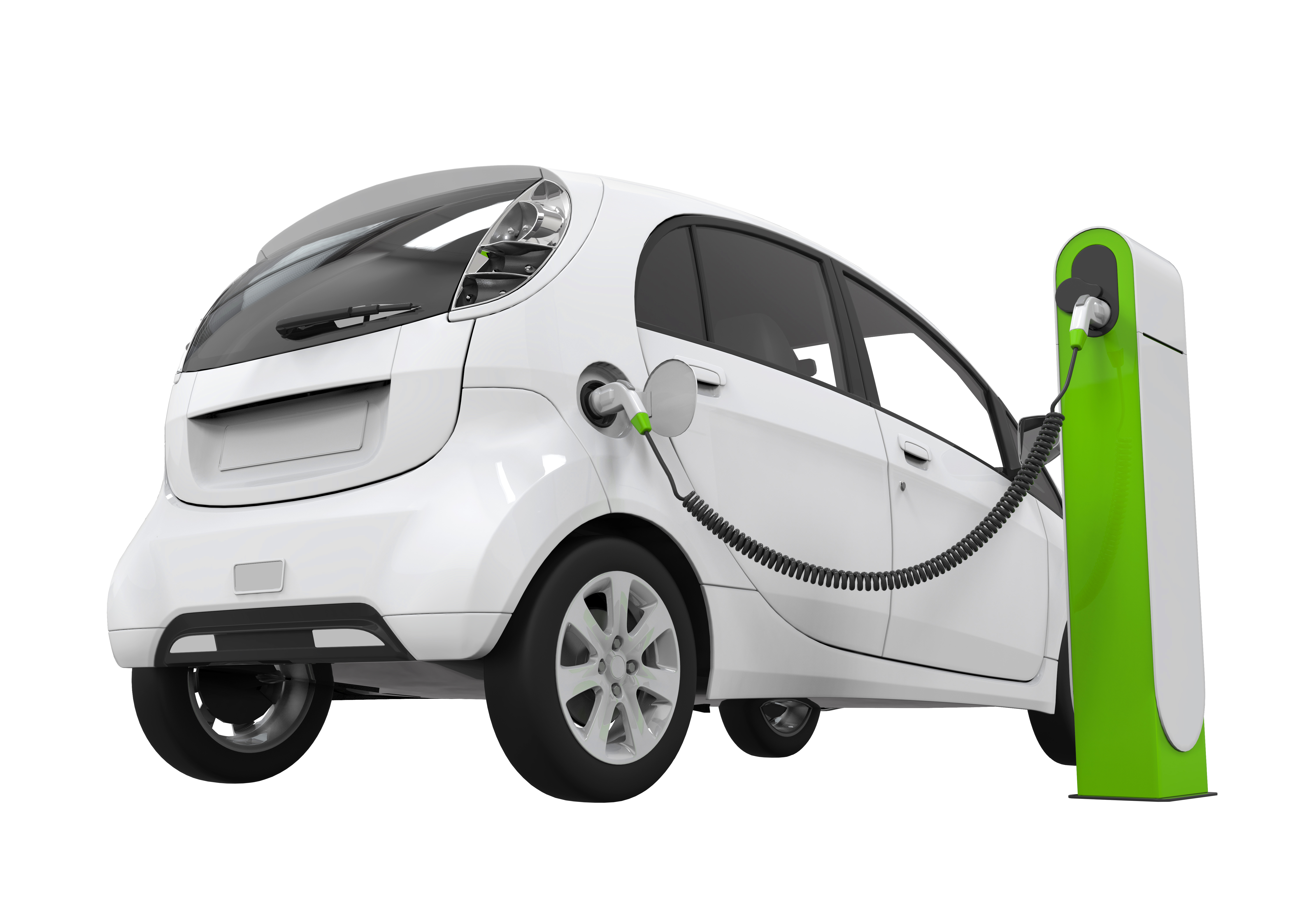 White Electric City Car At Green Charging Post PNG Vehicle Illustration