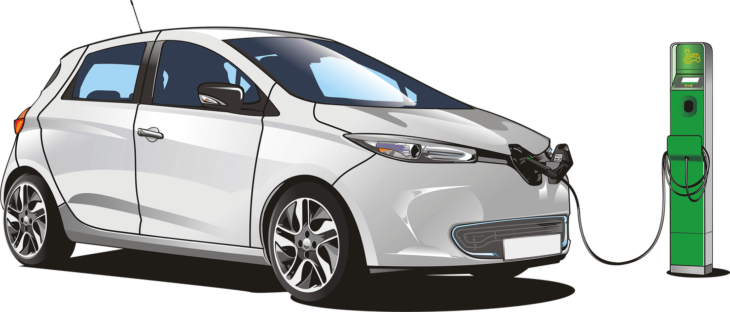 White Electric Compact Car Plugged Into Green Charger PNG Charging Station Graphic