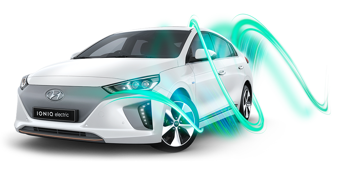 White Electric Hatchback Charging With Green Energy Effect PNG Clean Energy Car Illustration