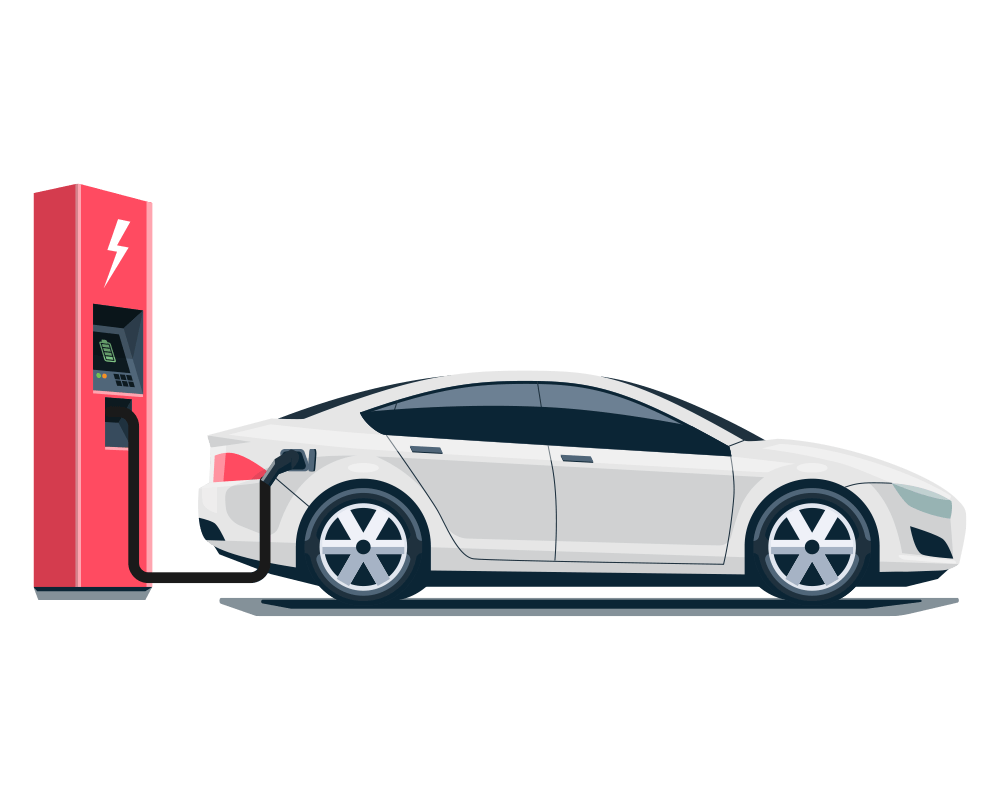 White Electric Sedan At Red Charging Station PNG EV Charging Illustration