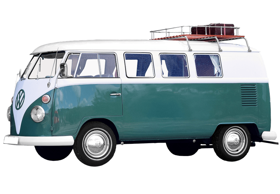 Vintage Turquoise Camper Bus With Roof Rack Retro Van PNG Illustration
