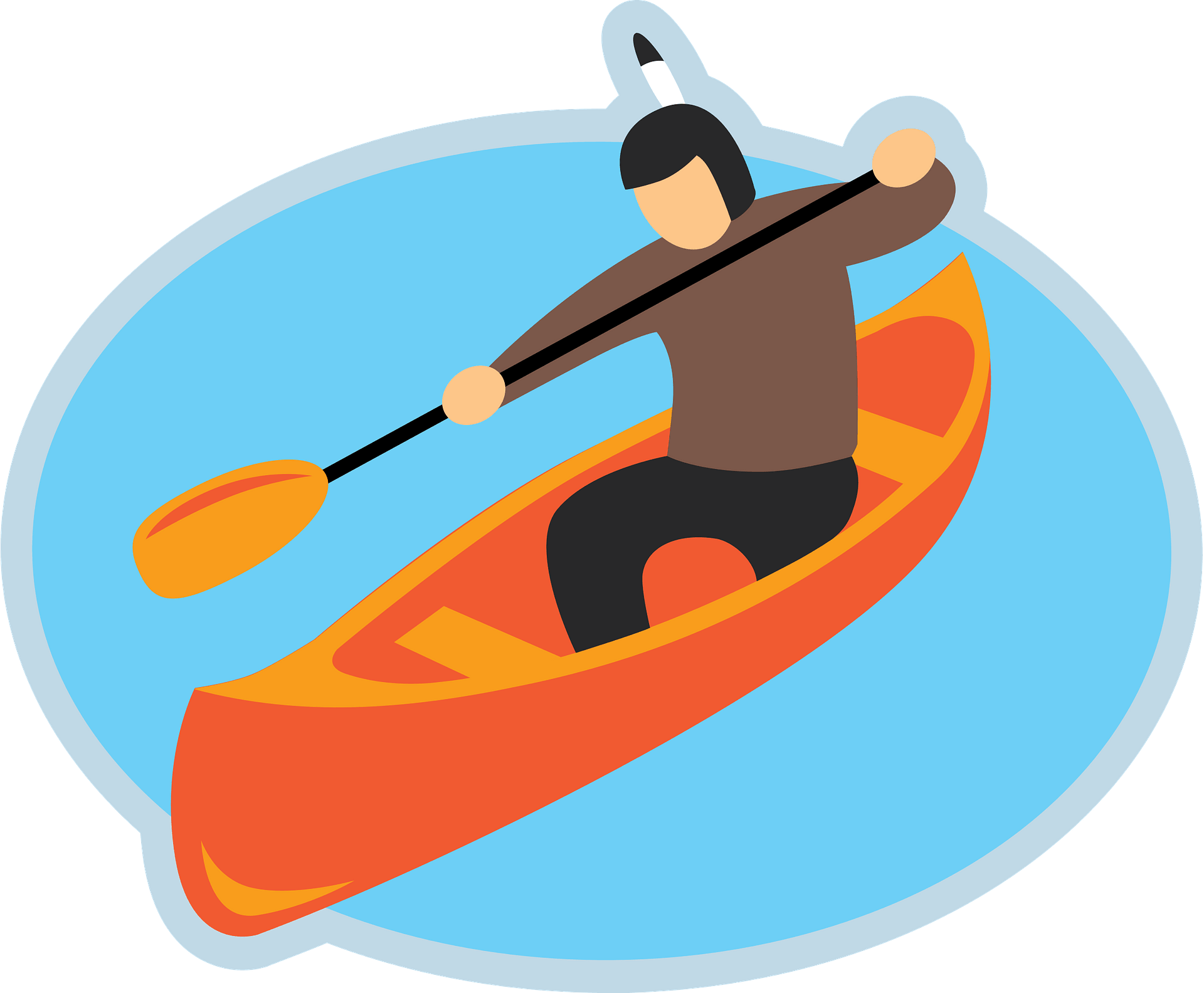 Cartoon Person Kayaking In Orange Canoe On Blue Water PNG Outdoor Illustration