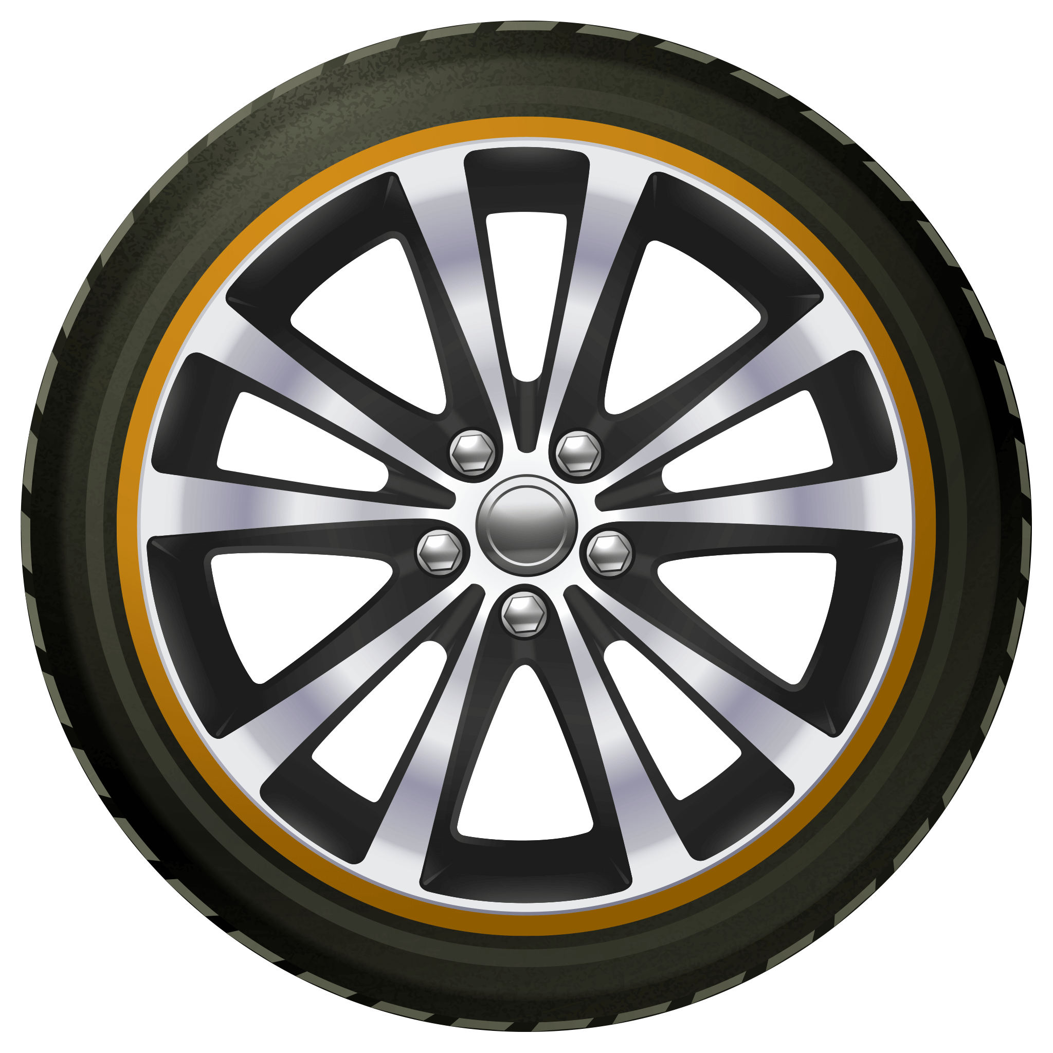 Black Silver Alloy Wheel With Yellow Rim Accent Transparent Background PNG Image