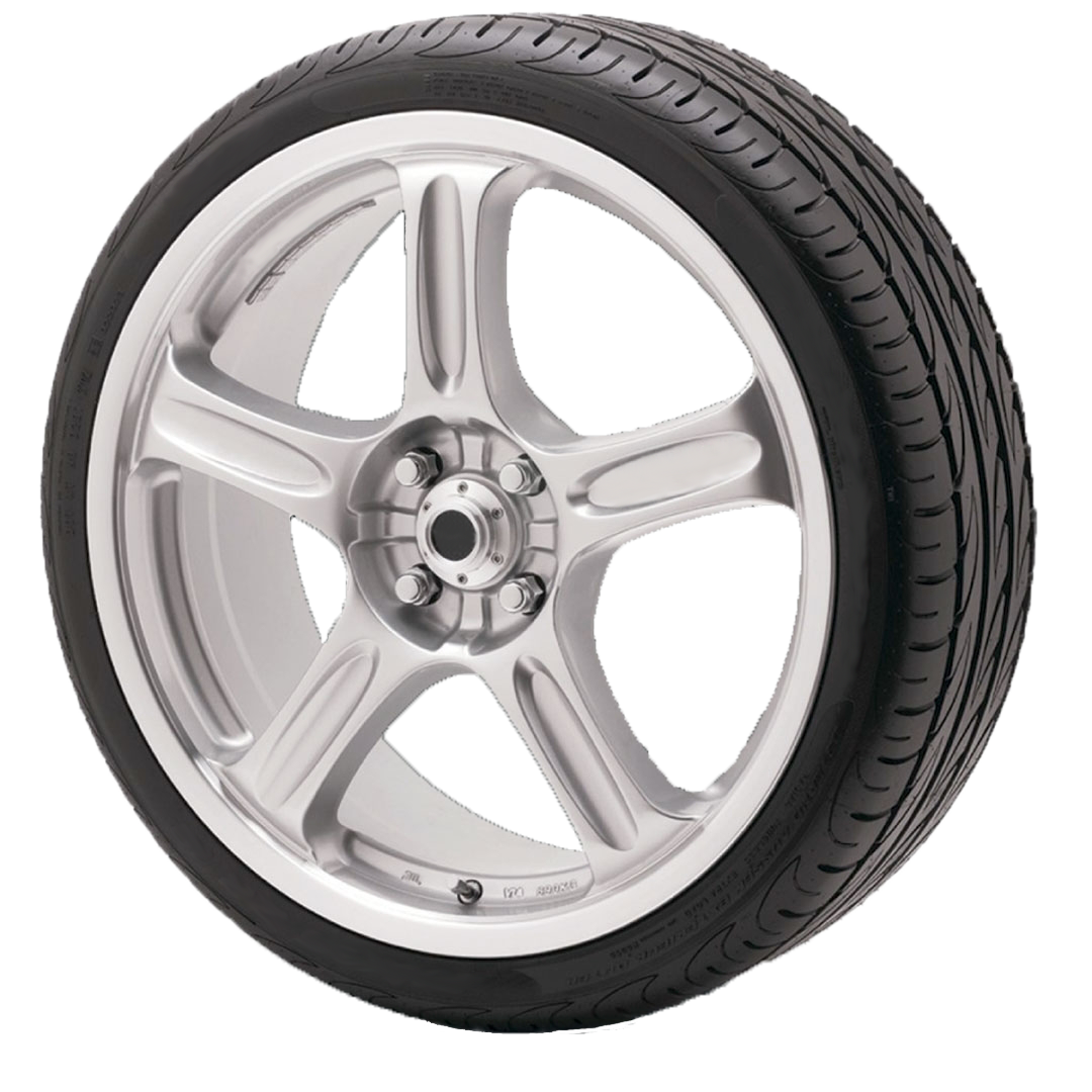 Silver Five Spoke Alloy Rim With Low Profile Tire Car Wheel PNG Image
