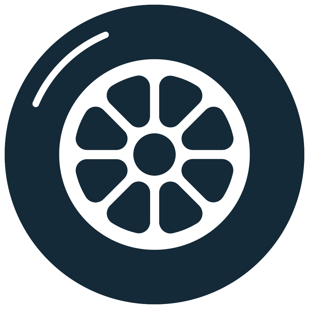 White Wheel Spokes Inside Navy Blue Circle Icon PNG Automotive Symbol