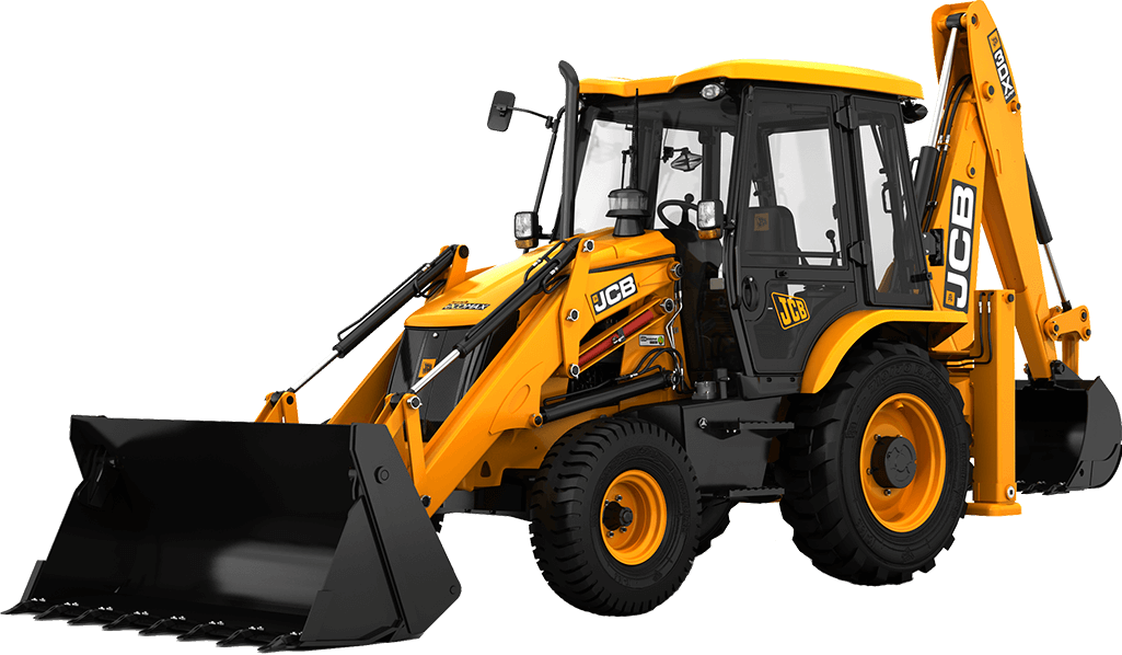 Yellow Backhoe Loader With Front And Rear Buckets PNG Construction Machinery Graphic