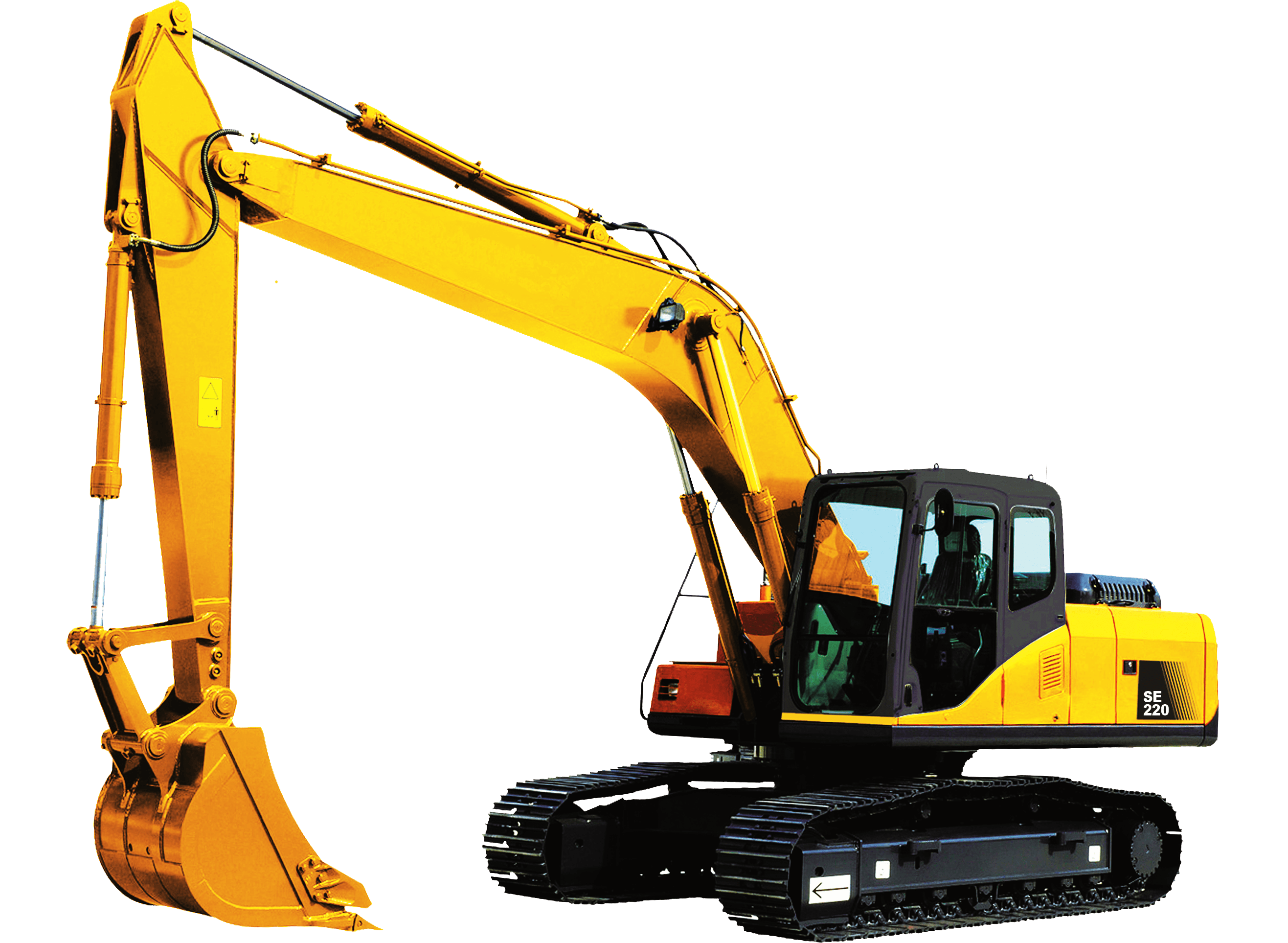 Yellow Tracked Excavator With Long Boom And Bucket PNG Excavator Graphic