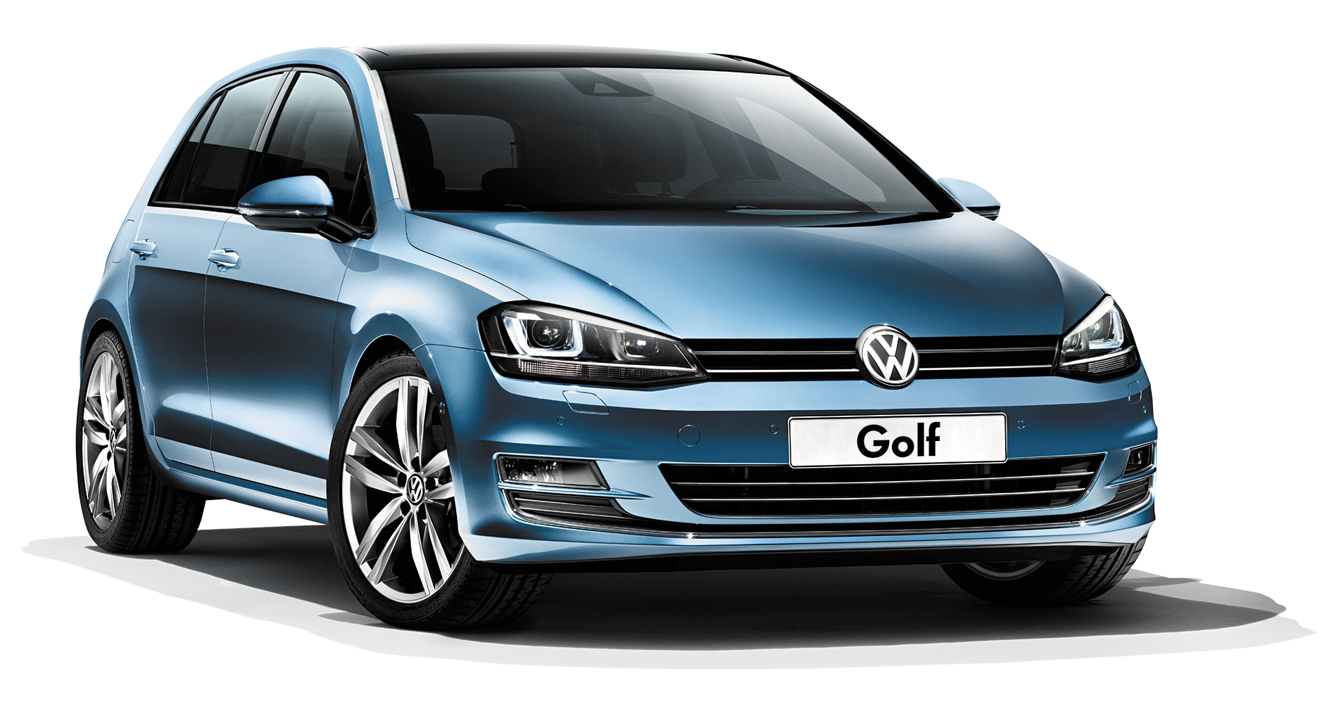 Blue Volkswagen Golf Front Three Quarter View PNG Hatchback Product Graphic