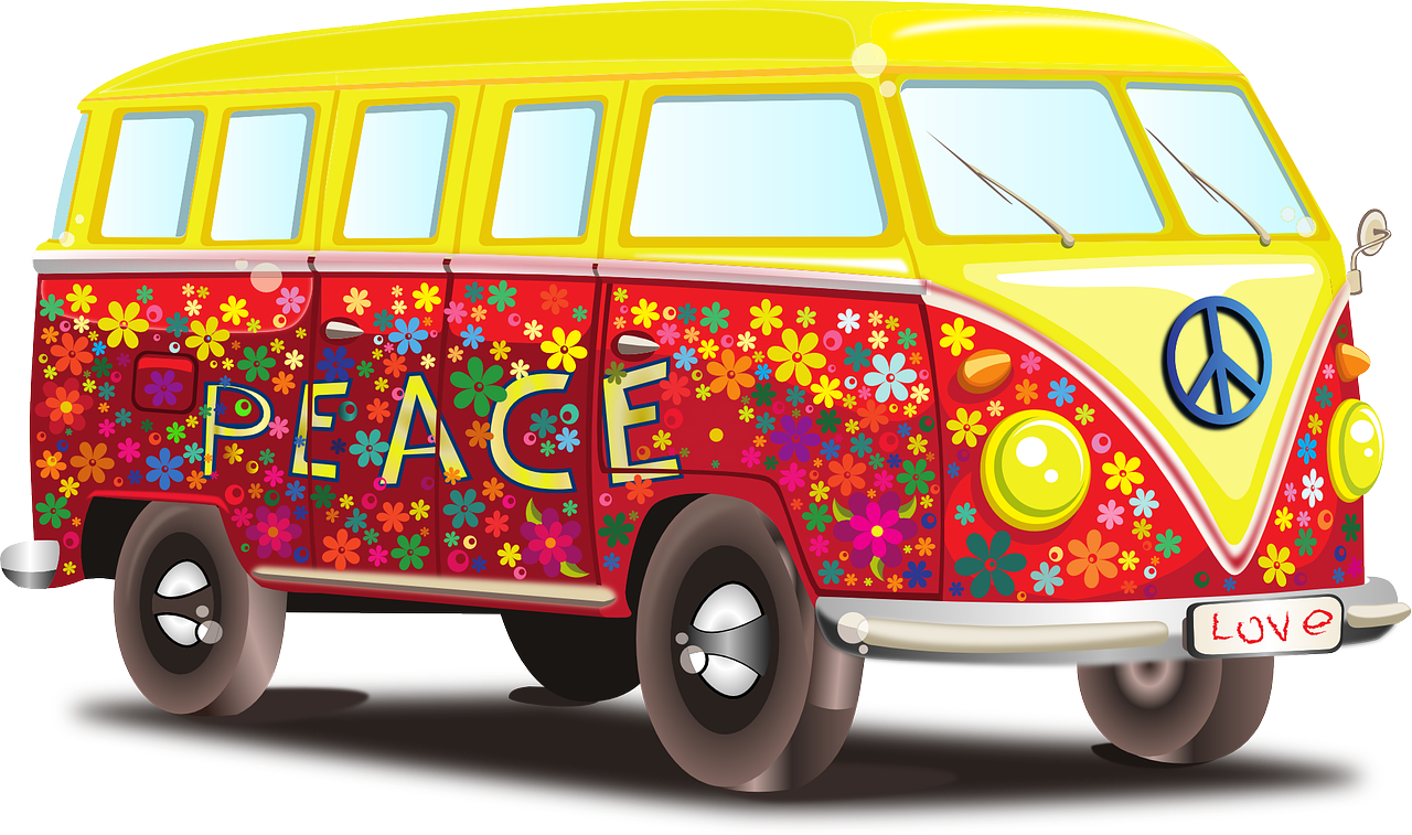 Colorful Flower Power Volkswagen Camper Van Hippie Bus PNG Illustration
