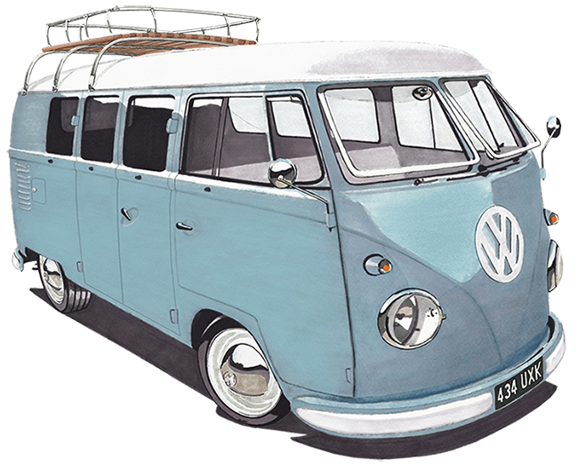 Blue Vintage Volkswagen Camper Van With Roof Rack VW Camper PNG Illustration