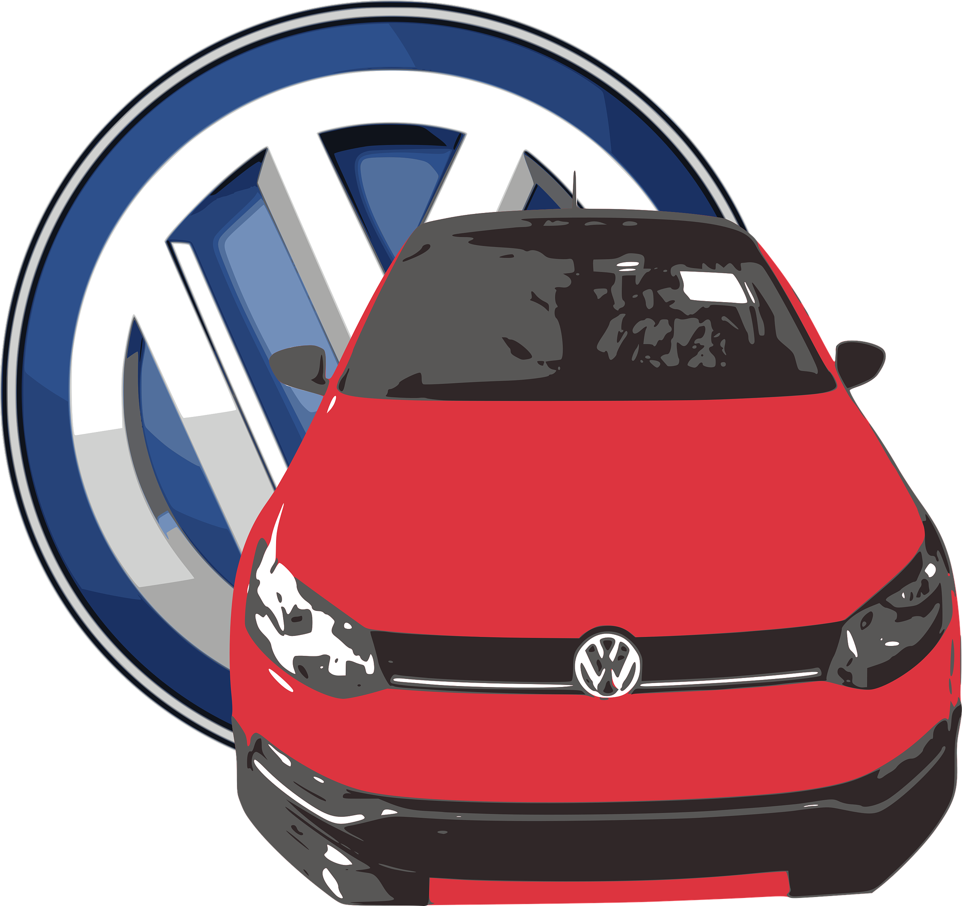 Red Volkswagen Hatchback In Front Of Blue Brand Badge VW Car Logo PNG Illustration