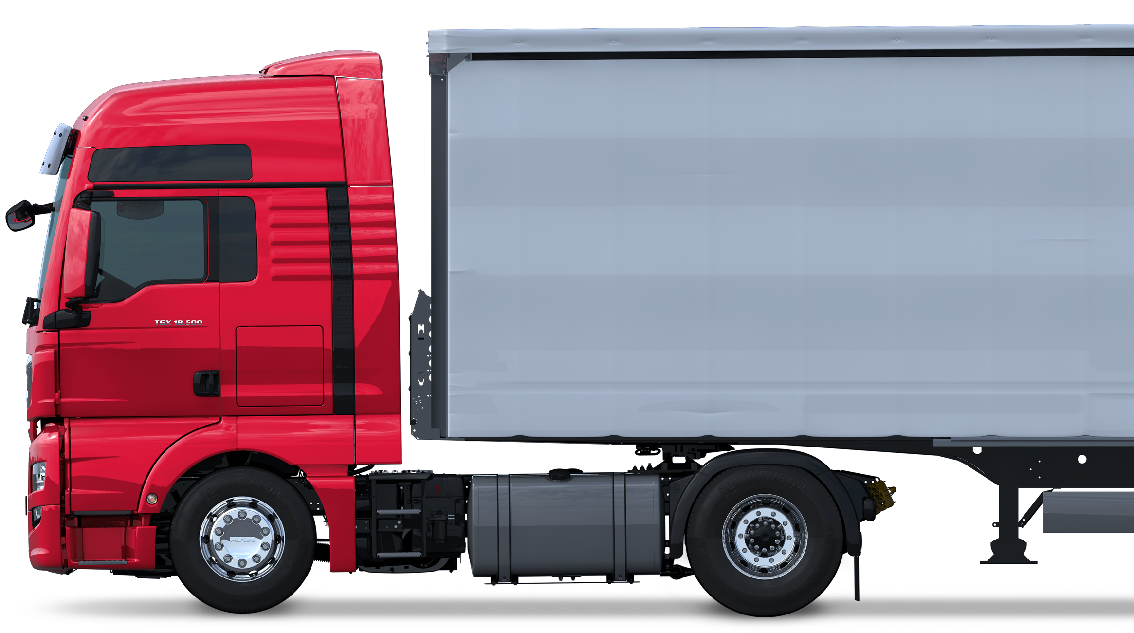 Red Semi Truck Tractor With Long Gray Box Trailer Transparent Background PNG Image