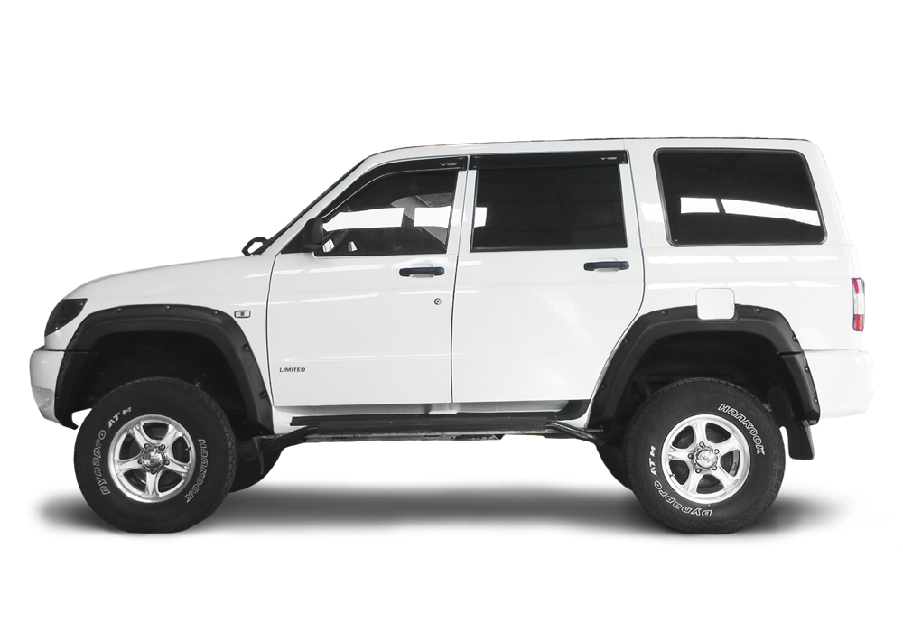 White UAZ Patriot Four Wheel Drive SUV Side View UAZ Vehicle PNG Graphic