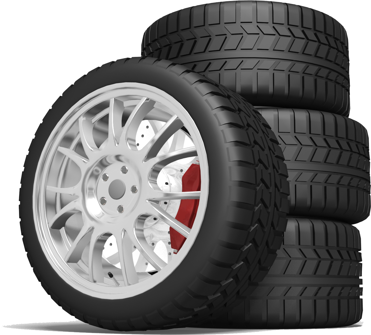 Stack Of Four Car Tires With Silver Alloy Rims PNG Tire Collection Graphic