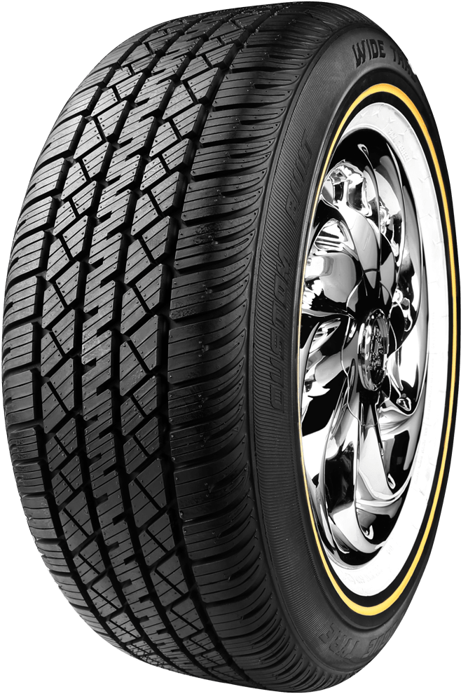 Upright Black Tire With Deep Tread And Chrome Rim PNG Tire Product Image