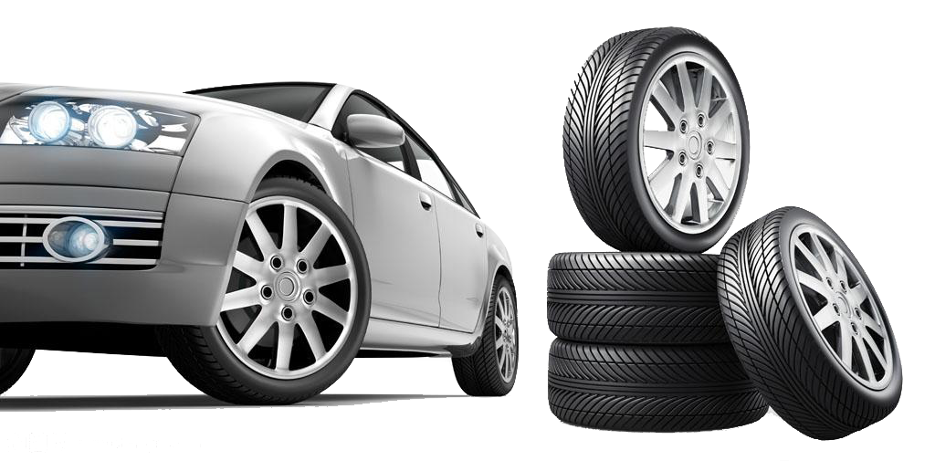 White Car Beside Three Spare Tires And Alloy Rims PNG Tire Service Illustration