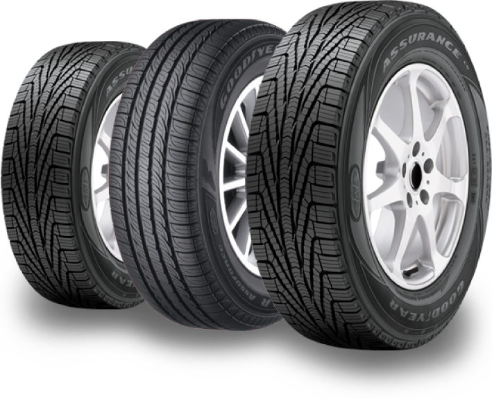 Four Car Tires With Silver Alloy Wheels In A Row Automotive PNG Set