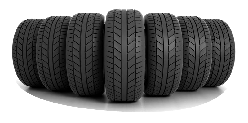 Row Of Black Car Tires With Front Tire Facing Viewer PNG Automotive Tire Image