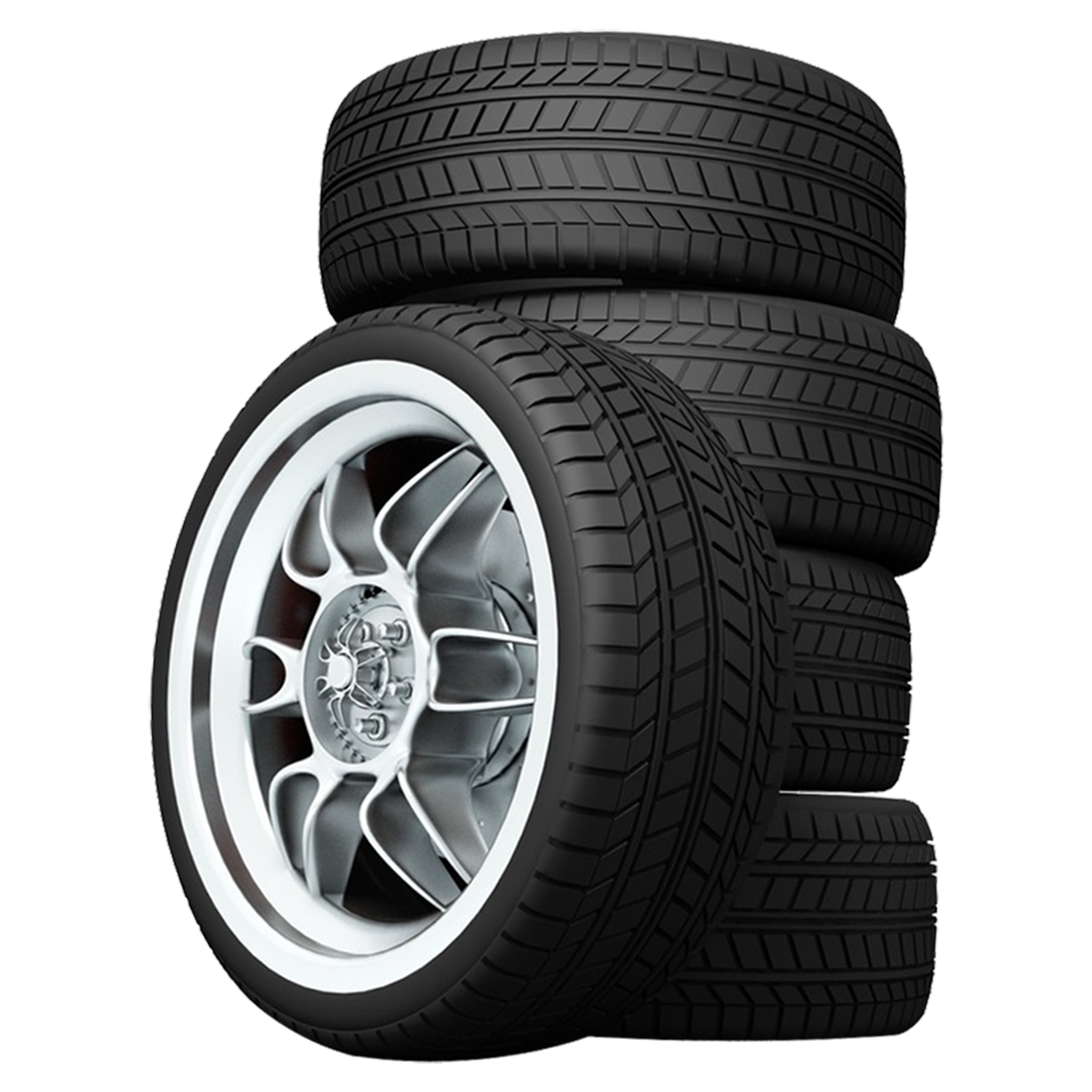 Stack Of Black Tires With Silver Alloy Wheel Car Tire PNG Artwork