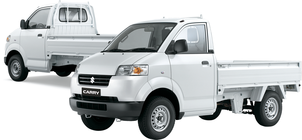 Two White Suzuki Mini Pickup Trucks Side View PNG Utility Vehicle Image