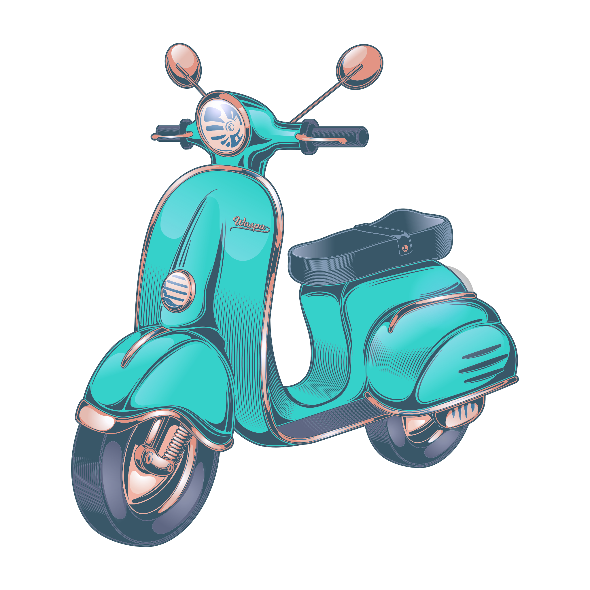 Turquoise Retro Scooter With Brown Saddle PNG Motor Scooter Clipart