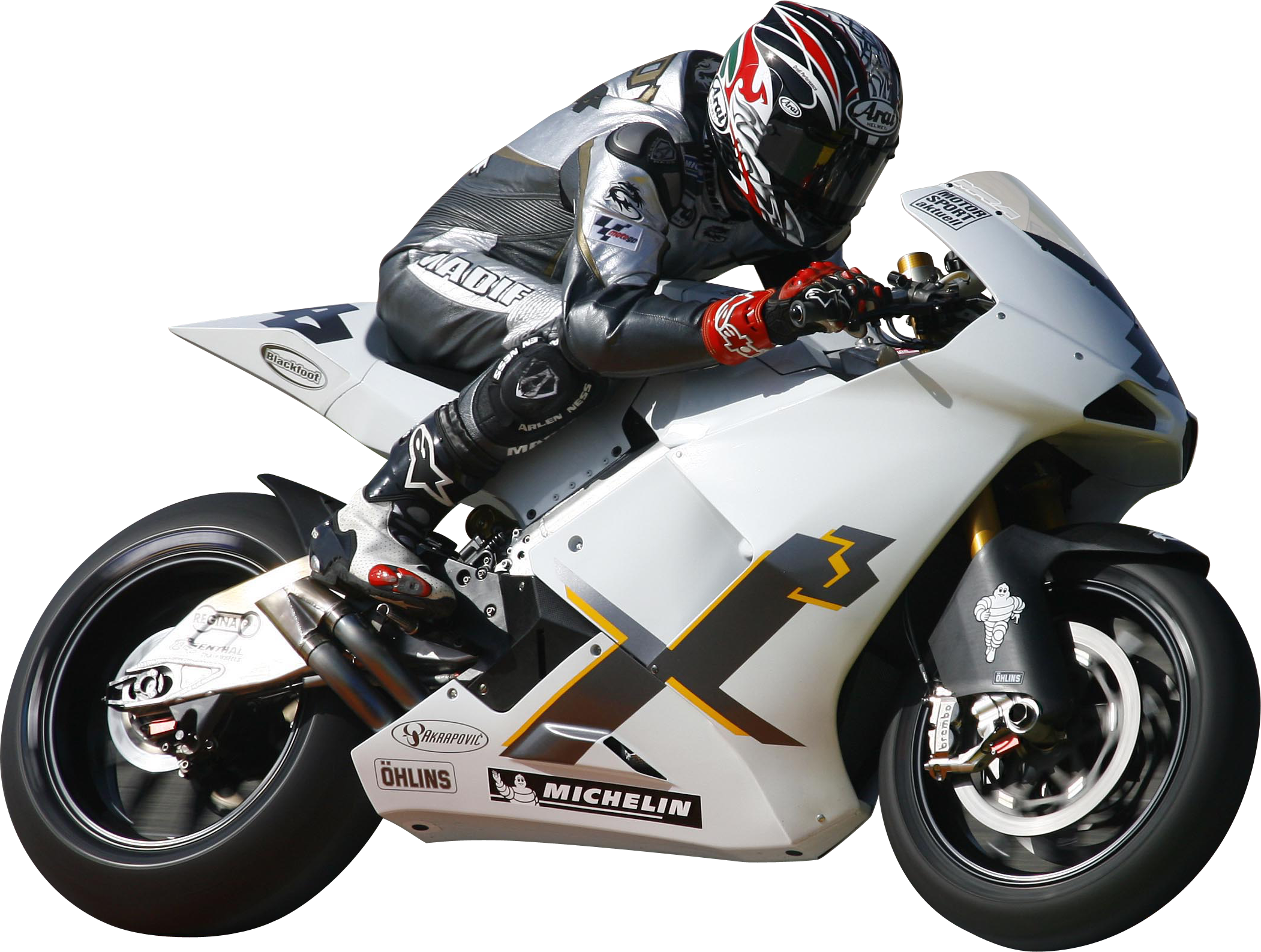 Rider In Black Suit Racing White Sport Motorcycle Motorcycle Race PNG Artwork