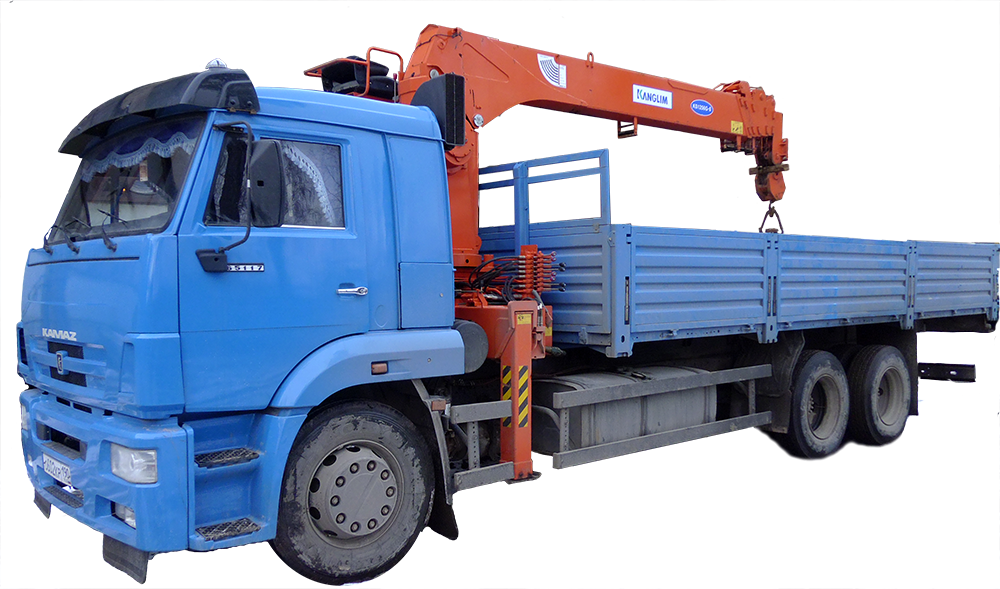 Blue Kamaz Flatbed Crane Truck With Folded Hydraulic Boom PNG Vehicle Graphic