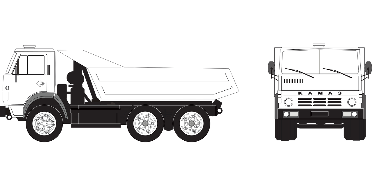White Kamaz Three Axle Tipper Truck Side And Front Line Drawing PNG Artwork