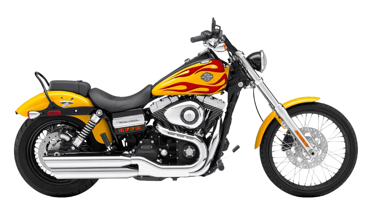 Yellow Harley Davidson Custom Chopper With Flame Paint And Sidecar PNG Artwork