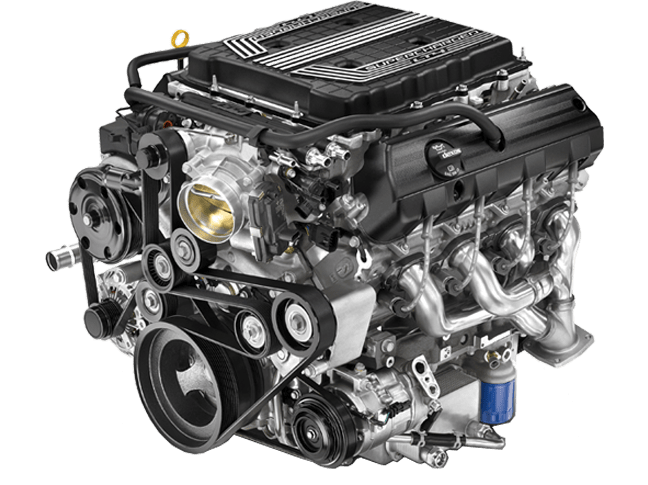 Black Automotive V8 Engine Assembly With Accessory Belts PNG Product Image