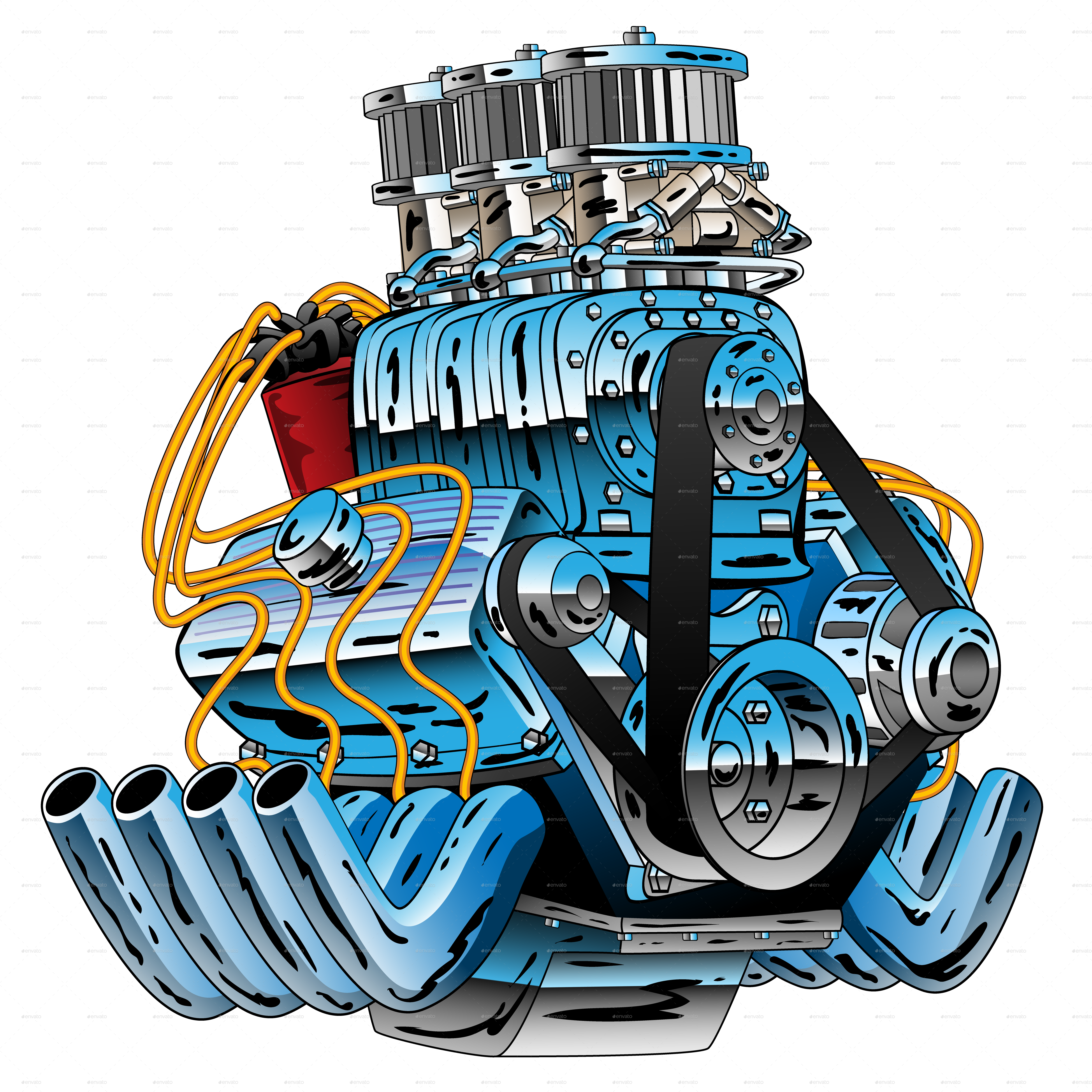 Blue Custom V8 Engine With Chrome Pipes And Colorful Details PNG Graphic