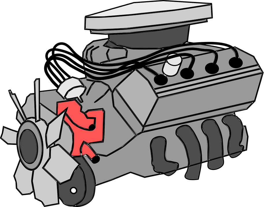 Cartoon V8 Engine Cutaway Diagram With Red Direction Arrows PNG Artwork