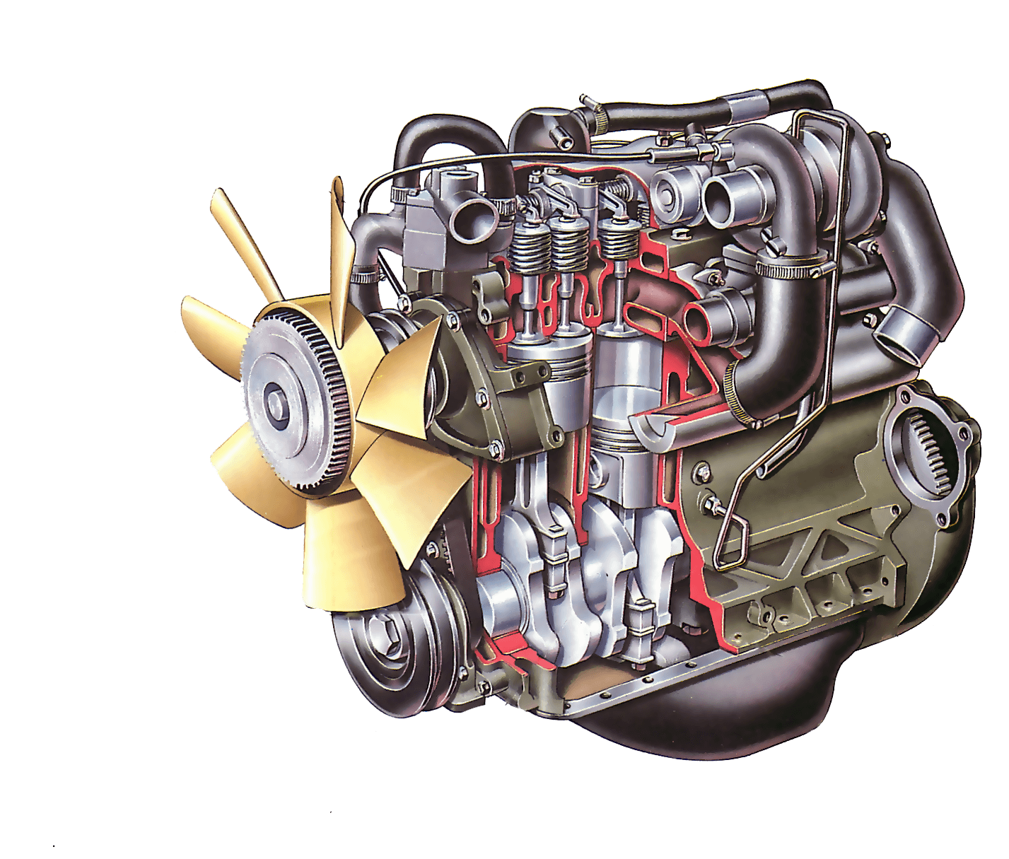 Cutaway Combustion Engine Showing Pistons And Internal Components PNG Diagram