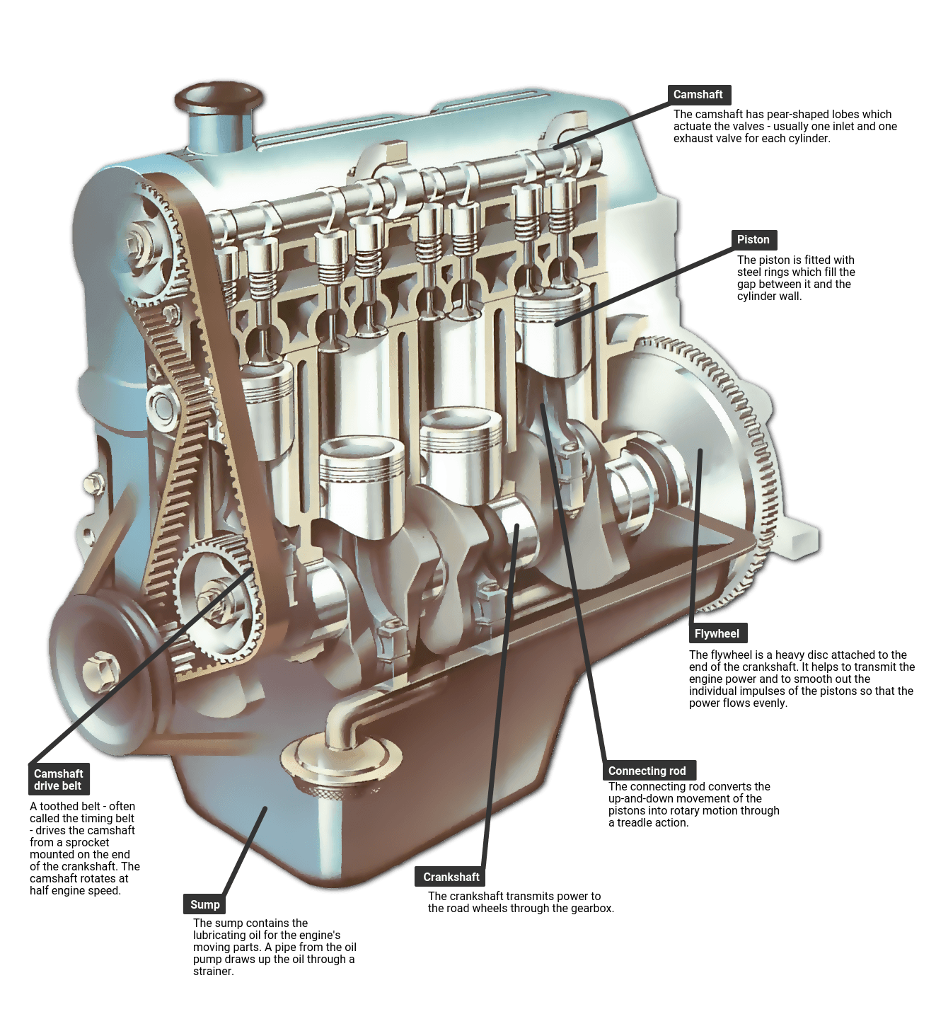 Labeled Internal Combustion Engine Cutaway Technical Diagram PNG Illustration