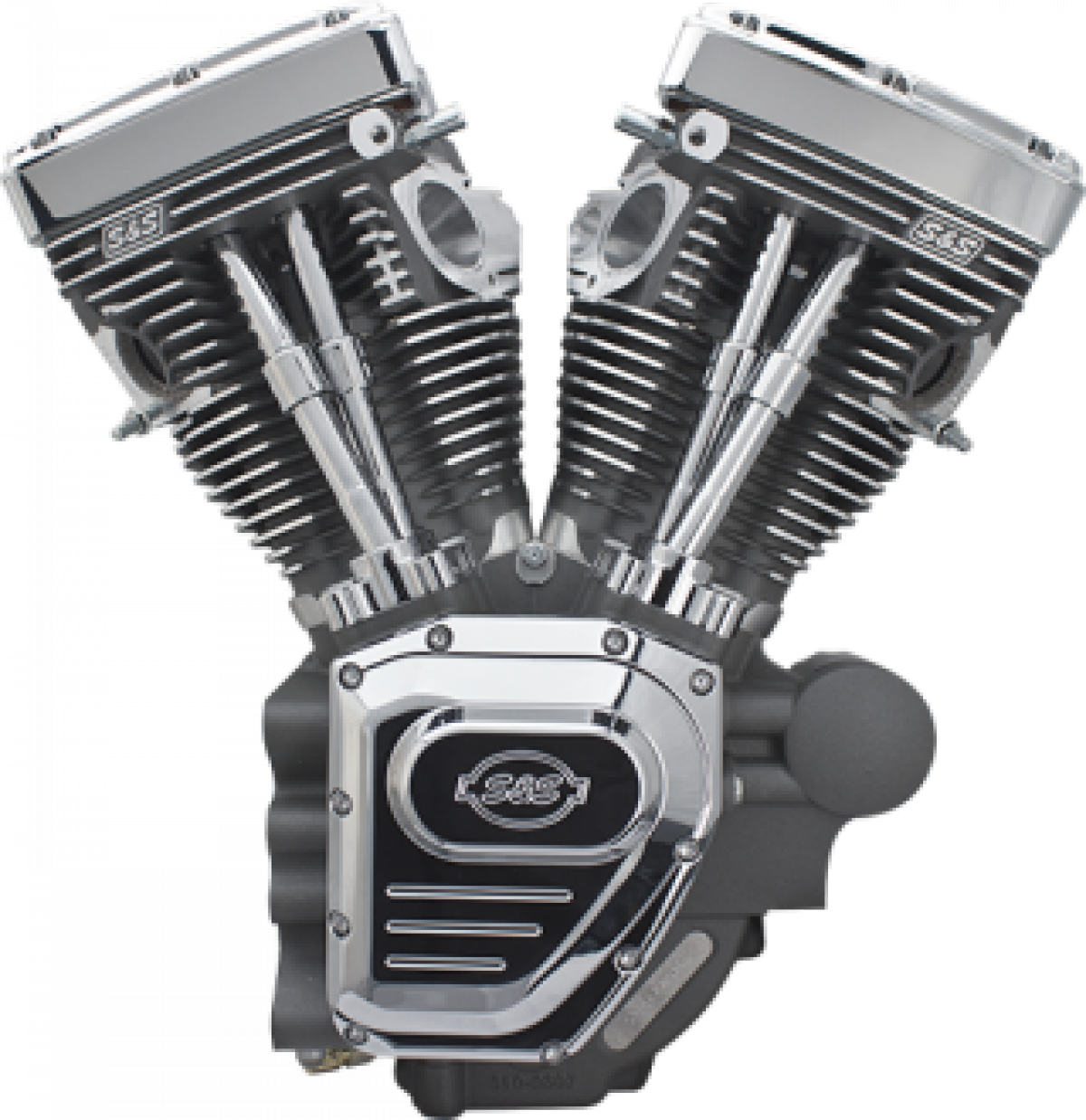 Polished Harley Davidson V Twin Motorcycle Engine With Chrome Fins PNG Image