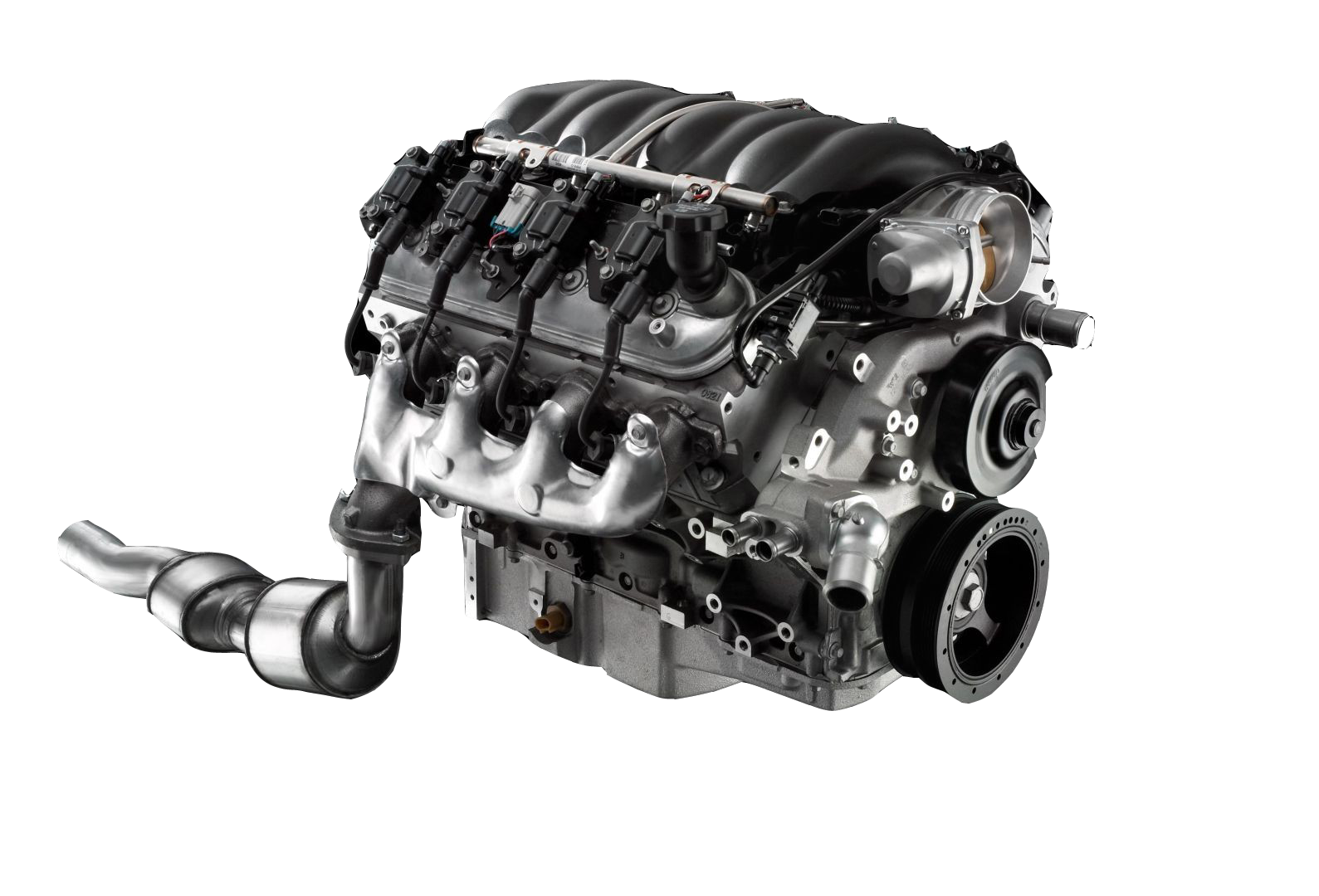 Black and Silver V8 Engine with Exhaust Headers