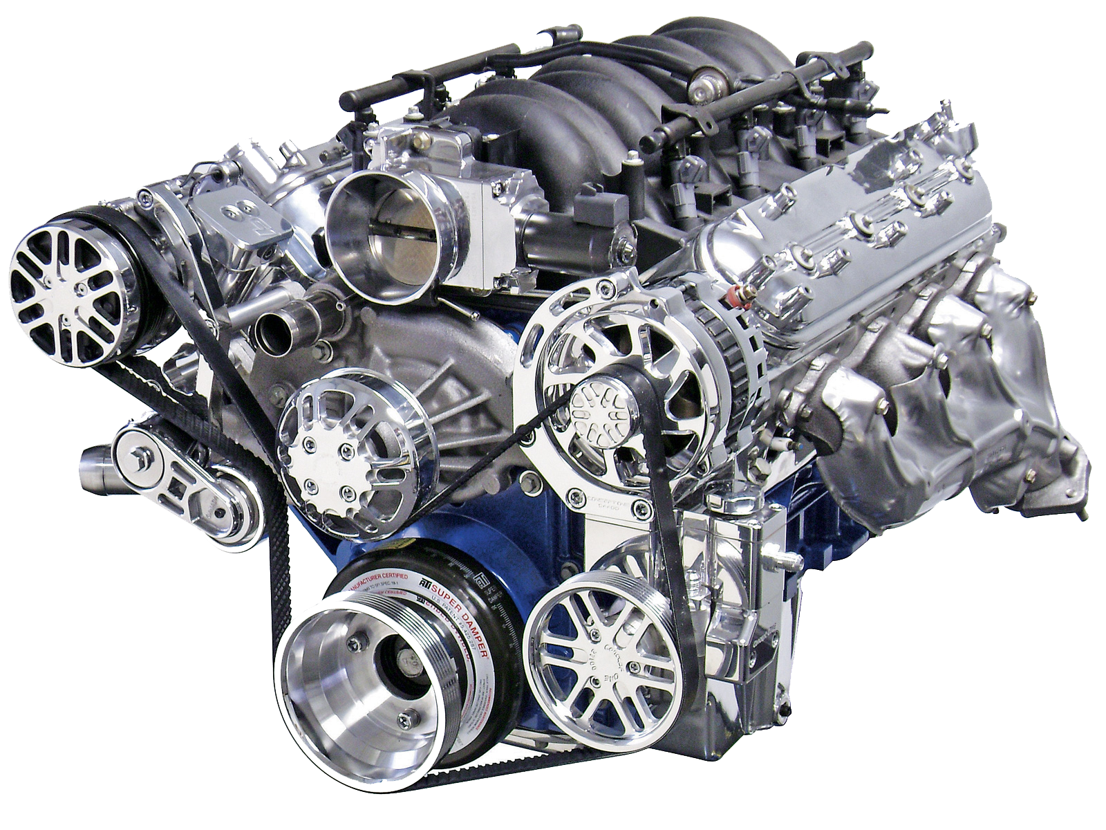 Silver V8 Car Engine With Exposed Belts And Pulleys Isolated PNG Image