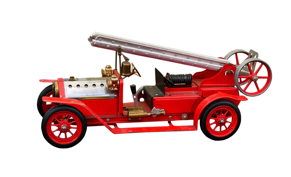 Antique Red Fire Engine With Hand Pump And Large Spoked Wheels PNG Illustration