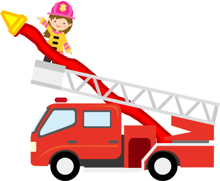 Cartoon Firefighter Girl Riding Red Ladder Fire Truck PNG Illustration