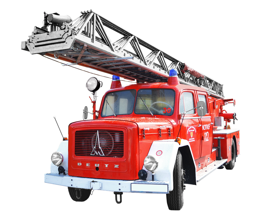 Classic Red Fire Engine With Chrome Ladder And Round Headlights PNG Photo