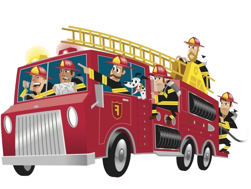 Colorful Cartoon Fire Truck Carrying Firefighters And Rescue Crew PNG Illustration
