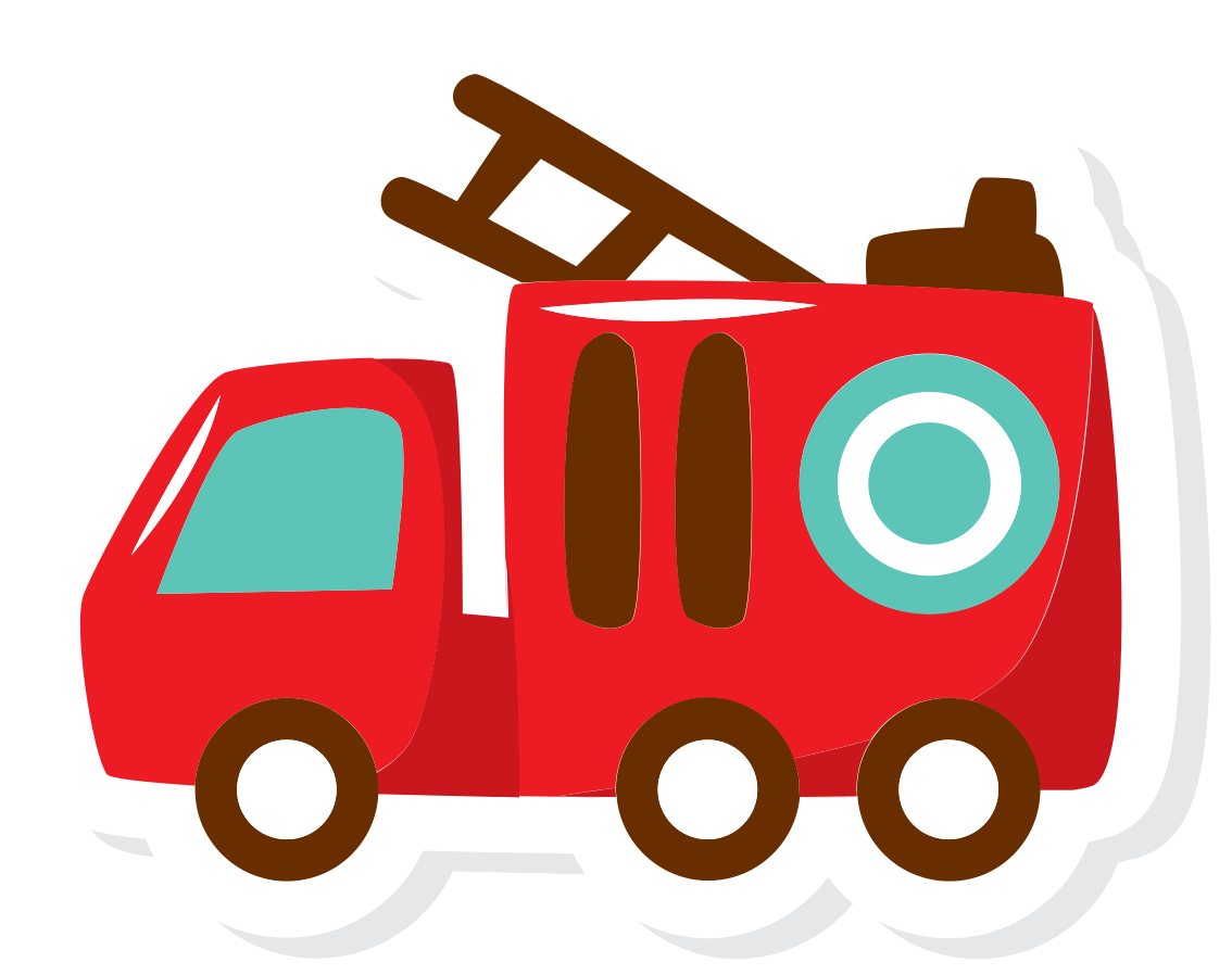 Cute Red Cartoon Fire Truck With Brown Ladder And Circular Window PNG Illustration