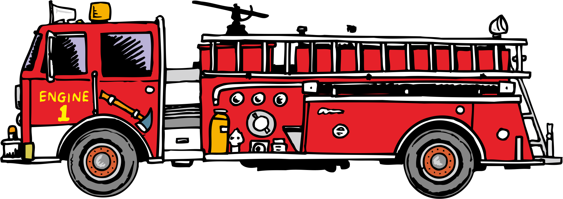 Detailed Red Fire Engine Line Art With Side Mounted Ladder PNG Illustration