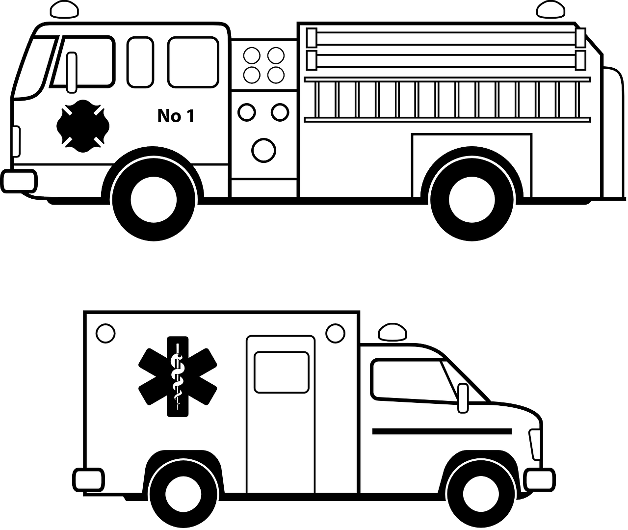 Fire Truck And Ambulance Emergency Vehicle Coloring Page Outline PNG Drawing