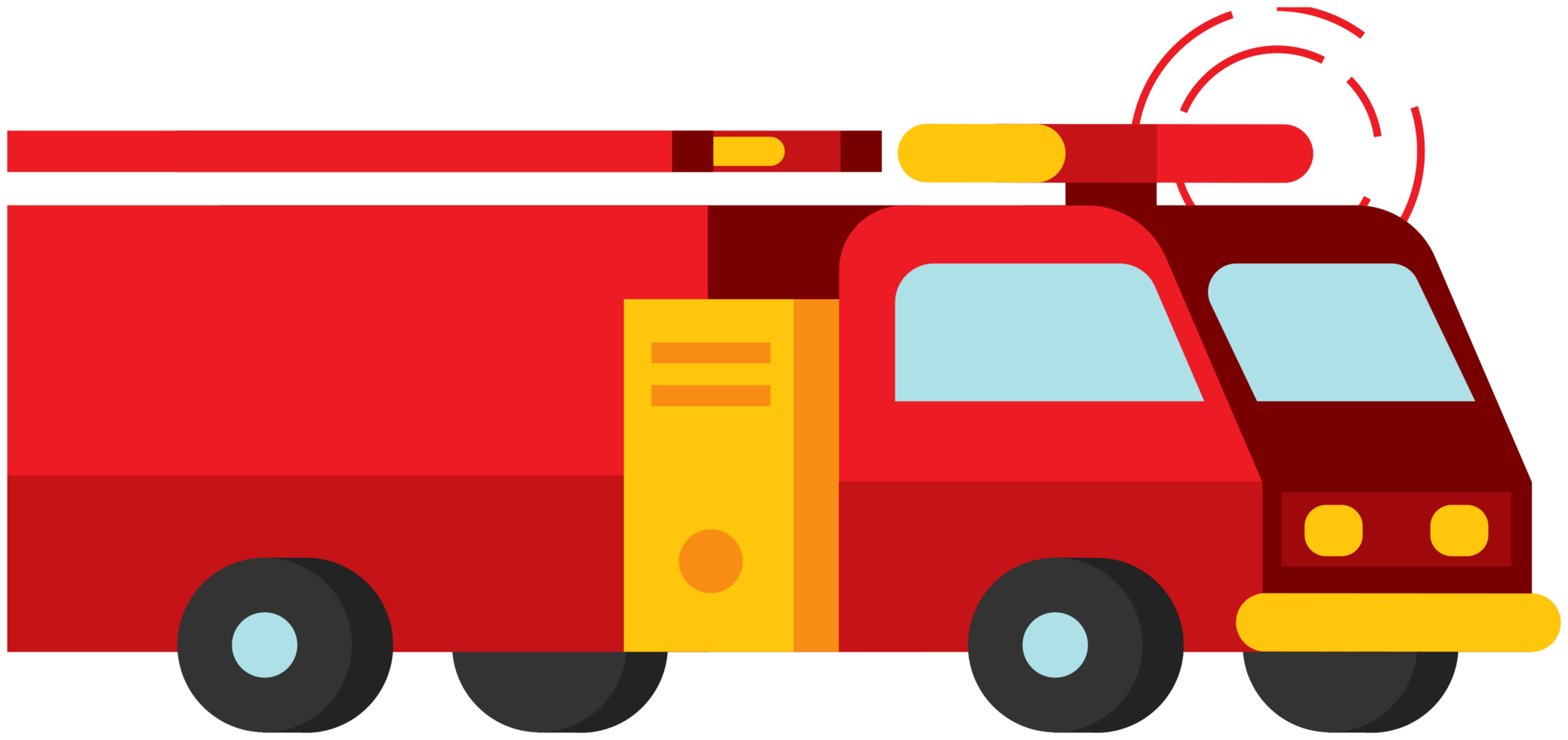 Flat Red And Yellow Fire Engine Cartoon With Blue Emergency Lights PNG Clipart